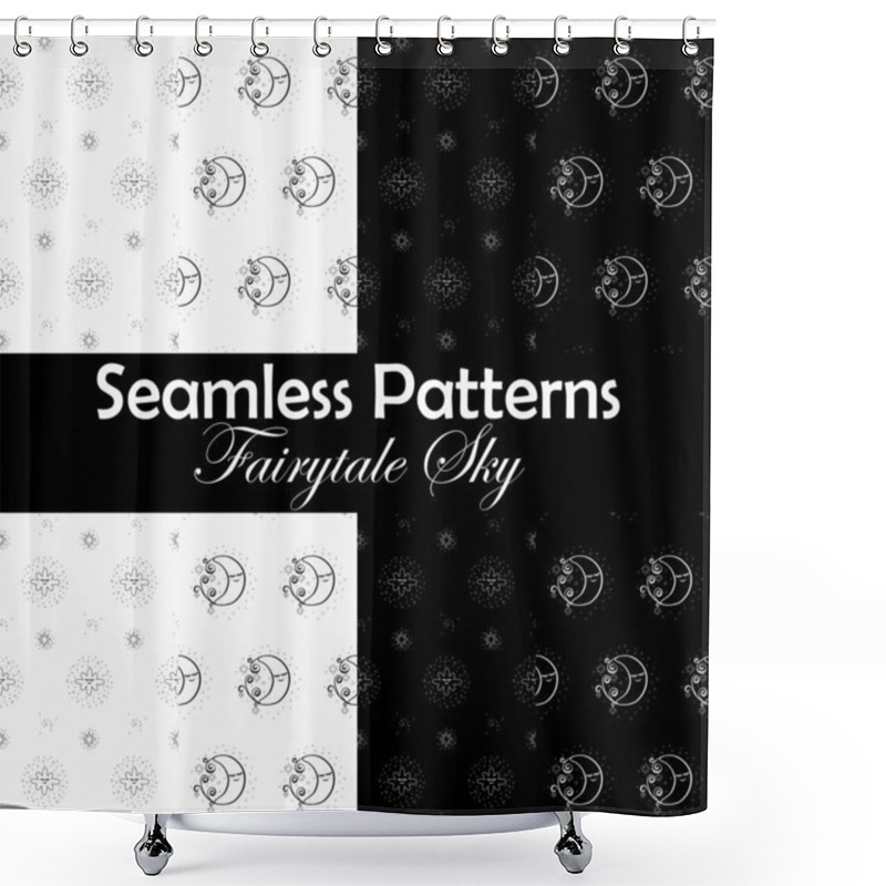 Personality  Set Of Four Seamless Pattern With Hand Drawn Curly Doodles Of Stars And Moons On A Transparent Background Shower Curtains