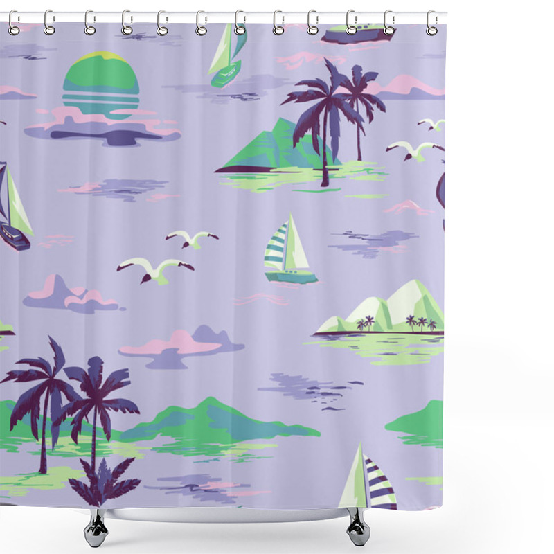 Personality  Vintage Beautiful Seamless Island Pattern On White Background. Landscape With Palm Trees, Yacht, Beach And Ocean Vector Hand Drawn Style Shower Curtains