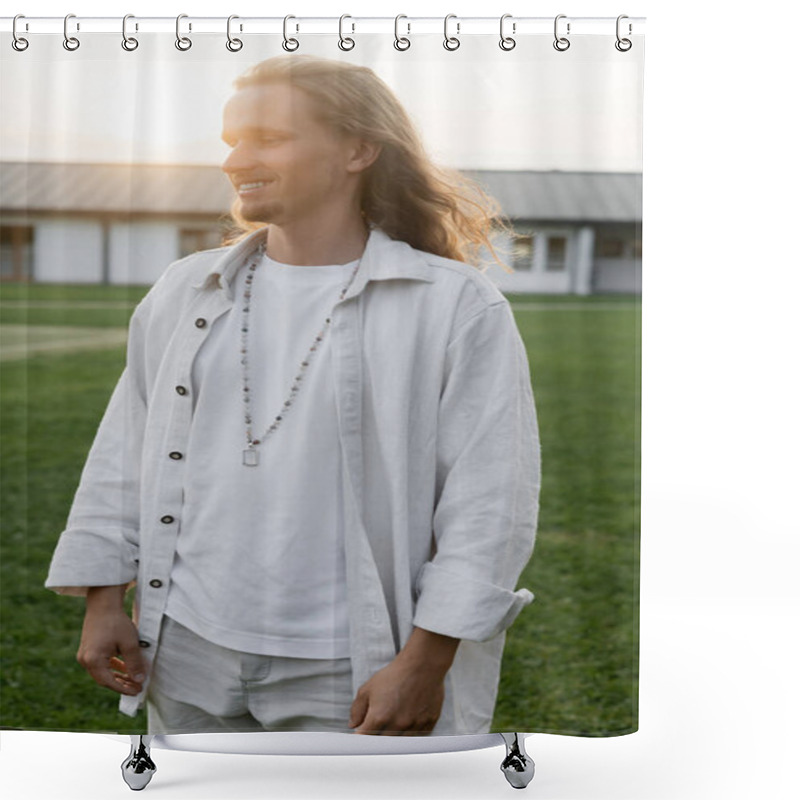 Personality  Young Long Haired Yoga Man In Linen Shirt And Beads Smiling While Standing In Countryside Outdoors Shower Curtains