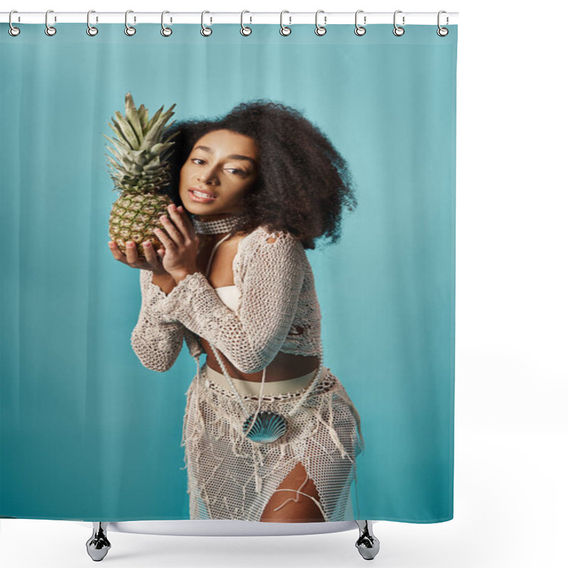 Personality  Young African American Woman In Trendy Swimsuit Holding Pineapple On Blue Backdrop. Shower Curtains