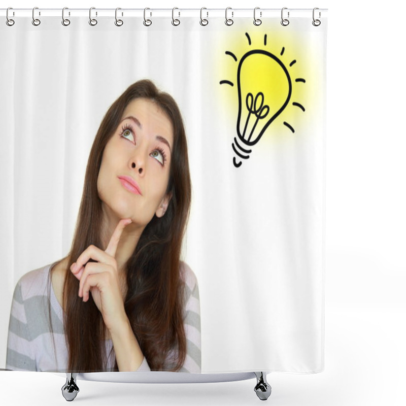 Personality  Thinking Woman With Idea Bulb Lamp Above Isolated On White Shower Curtains