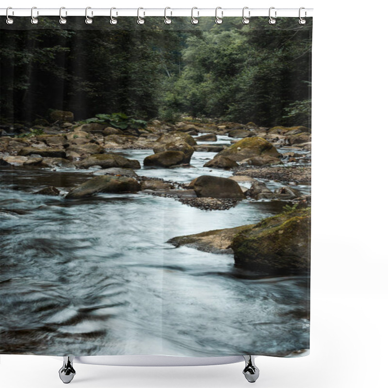 Personality  Wet Rocks Near Flowing Brook And Green Trees In Woods  Shower Curtains