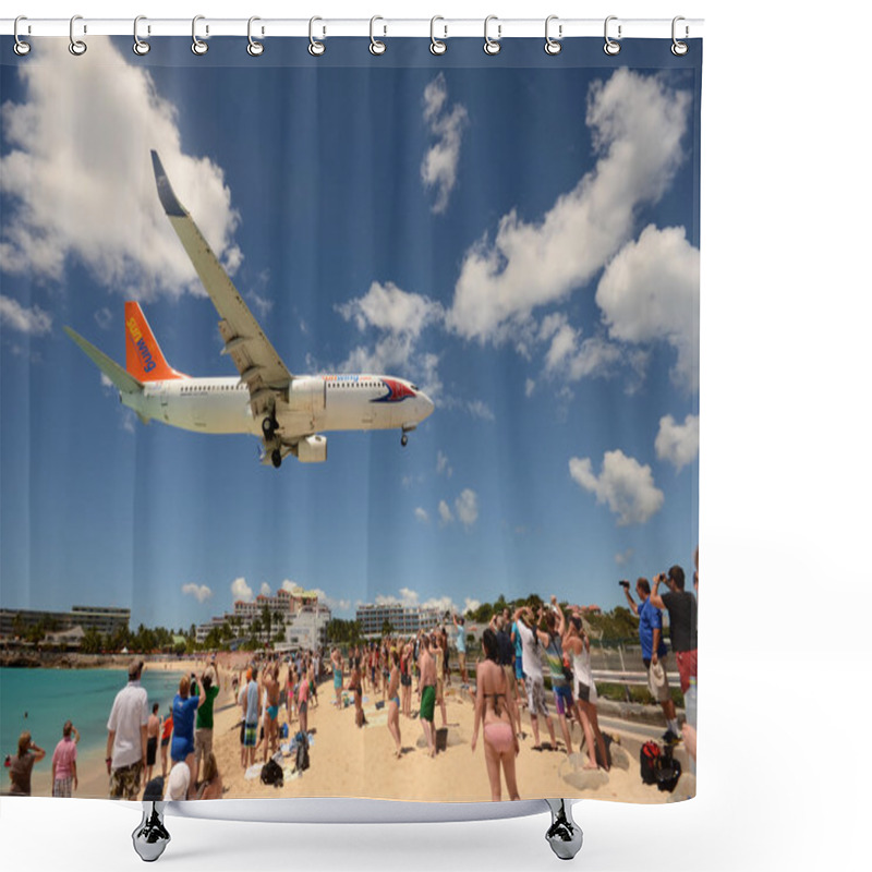 Personality  Airplanes Landing Over Maho Beach, ST Maarten Shower Curtains