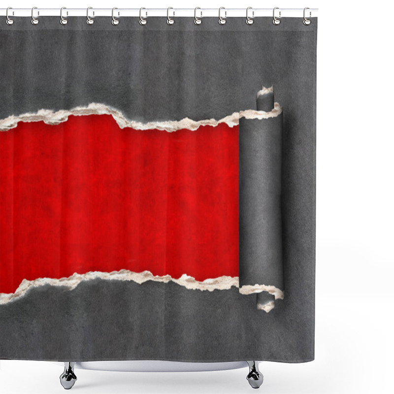 Personality  Horizontal Background With Ragged Hole Torn In Ripped Paper Of Dark Gray Color. Backdrop With Red Hole In Black Paper. Breakthrough Paper. Mock Up Template. Copy Space For Text Shower Curtains