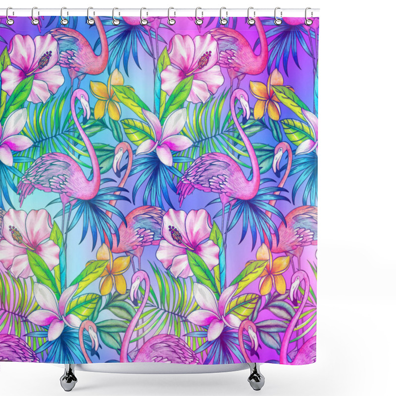 Personality  Seamless Pattern With Tropical Florals And Flamingo. Shower Curtains