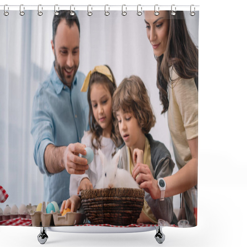 Personality  Young Family Preparing For Easter Holiday With Rabbit Sitting On Table Shower Curtains