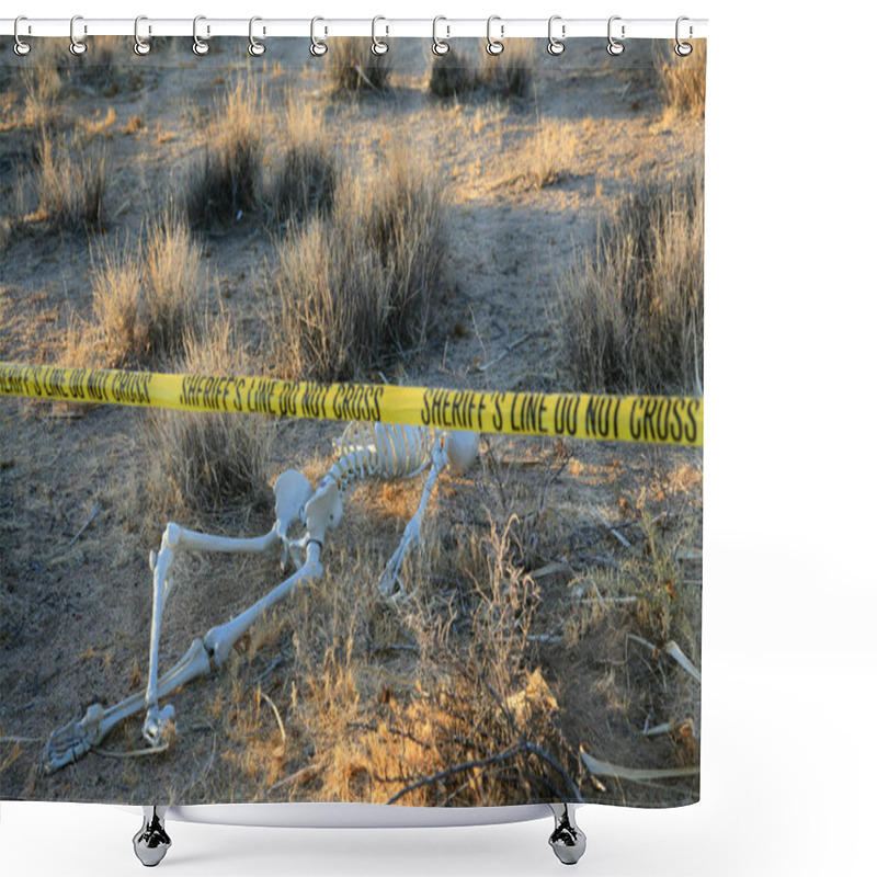 Personality  Crime Scene. Skeleton Partially Buried In Dirt In A Desert. Forensic Crime Scene. Murder Scene. CSI Investigation. Forensic Expert Discovering Dead Body Buried In Desert Sand. Police Investigation Of An Cold Case Murder Crime Scene. Police Tape.  Shower Curtains