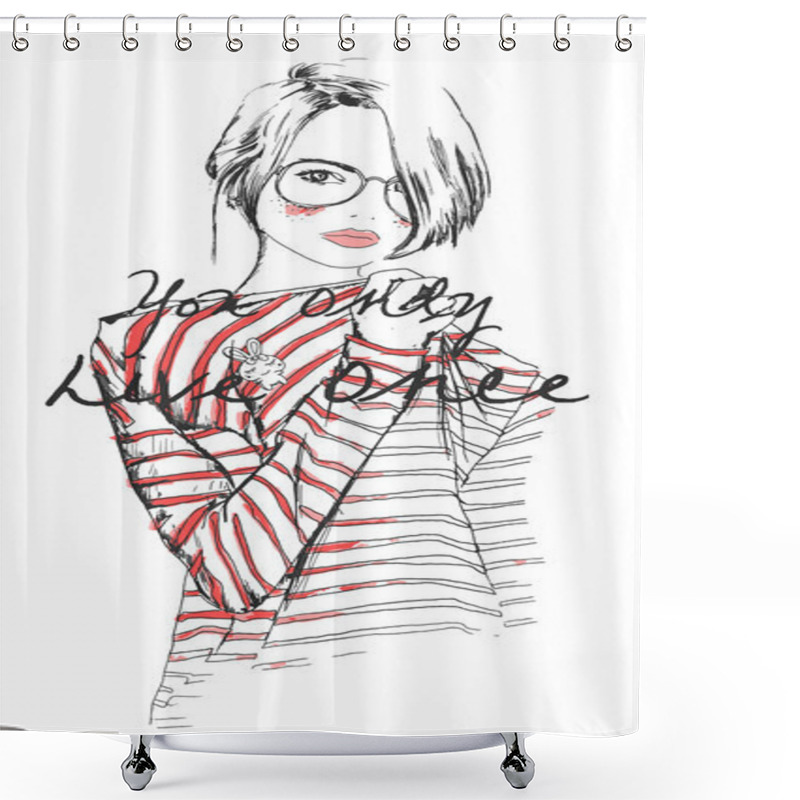 Personality  Girl In Striped Sweater Shower Curtains