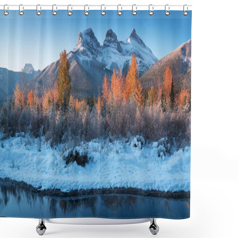 Personality  Almost Nearly Perfect Reflection Of The Three Sisters Peaks In The Bow River. Near Canmore, Alberta Canada. Winter Season Is Coming. Bear Country. Beautiful Landscape Background Concept.  Shower Curtains