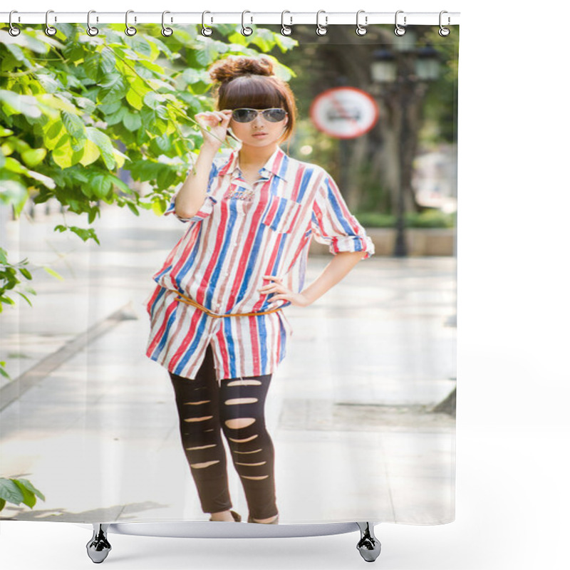 Personality  Asia Girl In Sunglasses Posing Outdoors Shower Curtains