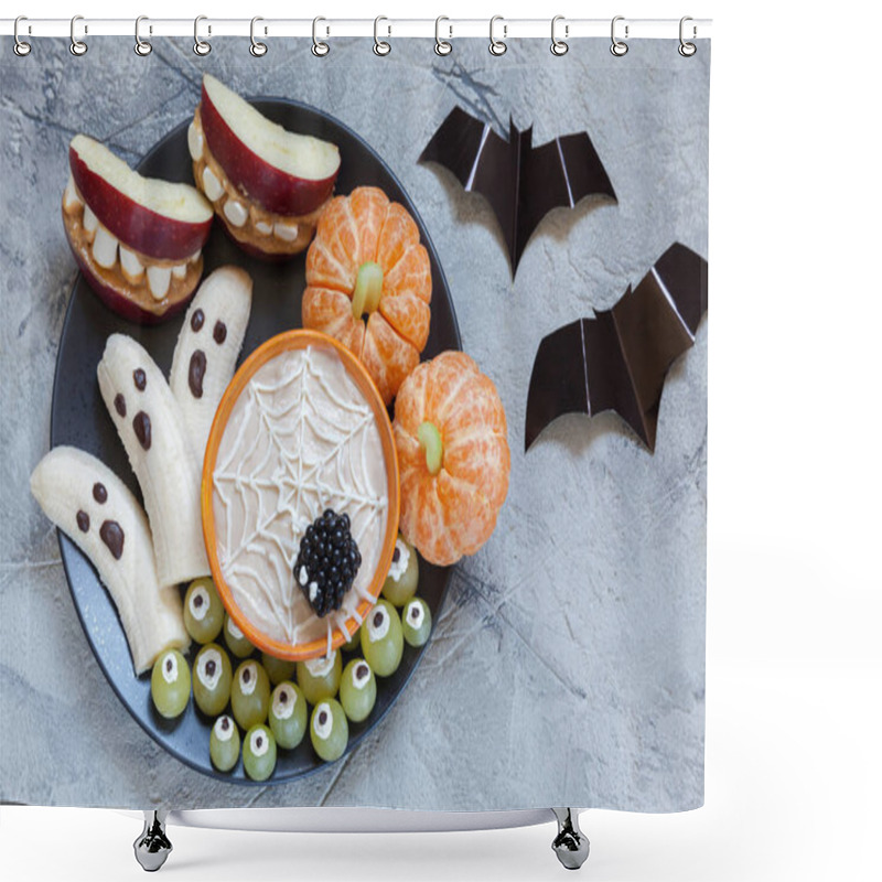 Personality  Fruit Halloween Treats. Banana Ghosts And Clementine Orange Pumpkins, Apple Monster Mounts And Spider Web Shower Curtains