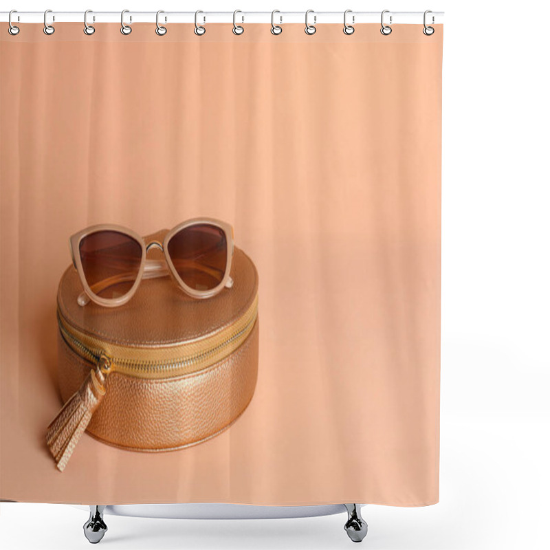 Personality  Stylish Woman's Bag And Sunglasses On Pale Pink Background. Space For Text Shower Curtains