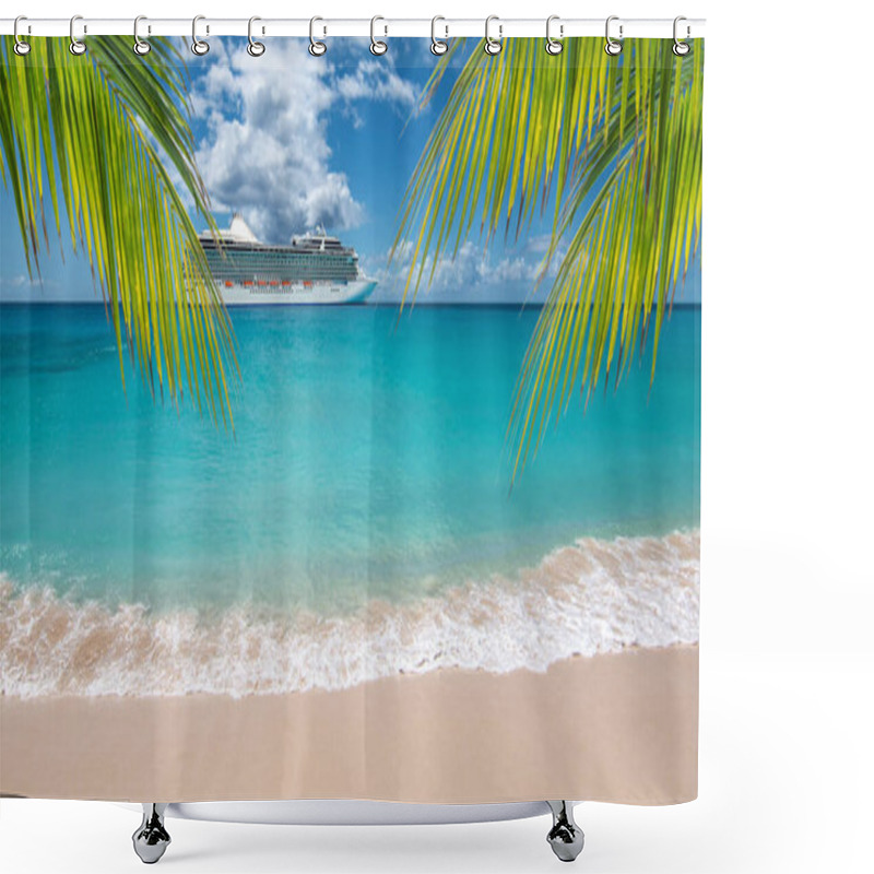 Personality  Tropical Beach With Palm Trees. Side View Of Luxury Cruise Ship In The Background. Shower Curtains