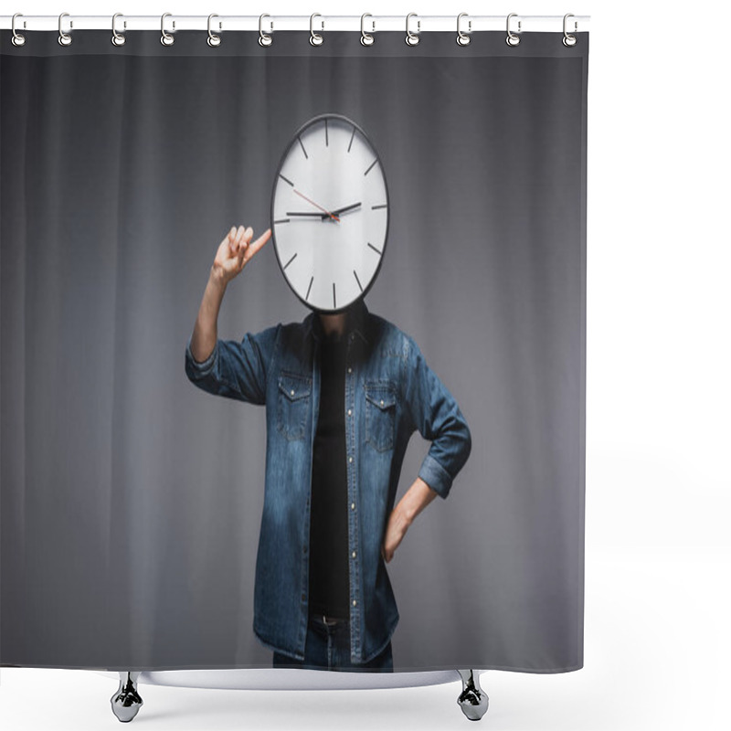 Personality  Man With Clock On Head Pointing With Finger On Grey Background, Concept Of Time Management  Shower Curtains