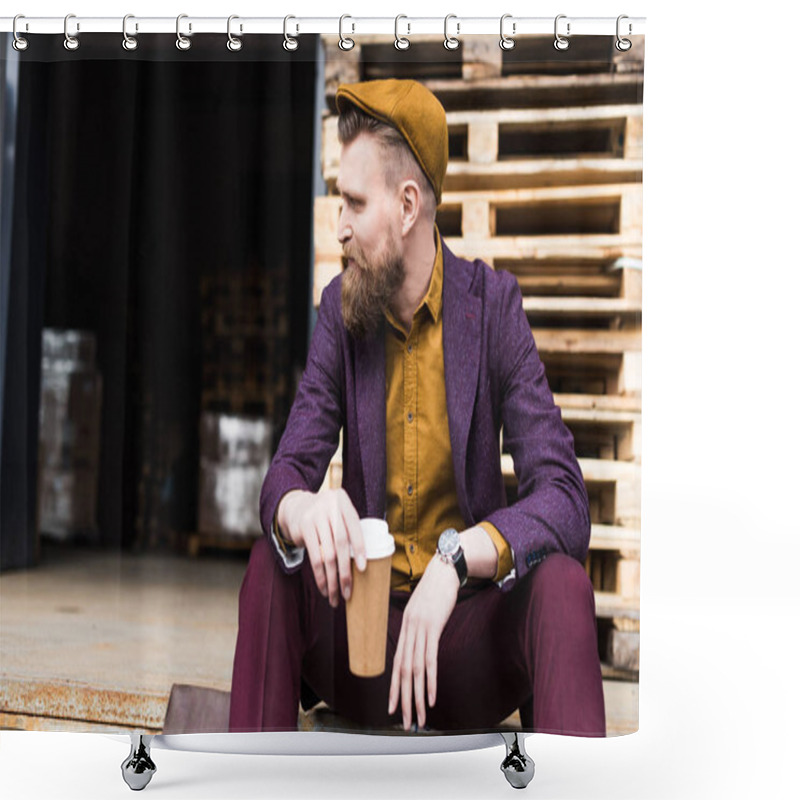 Personality  Stylish Bearded Businessman Sitting On Street With Paper Cup In Hands Shower Curtains