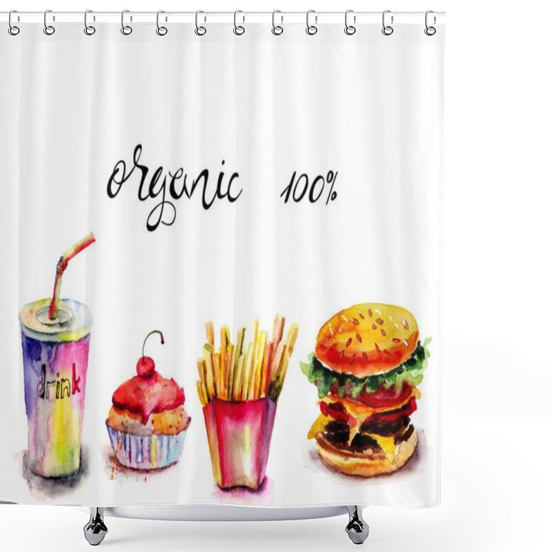 Personality  Food Illustration With Title Organic, Hand Painted Drawing Shower Curtains