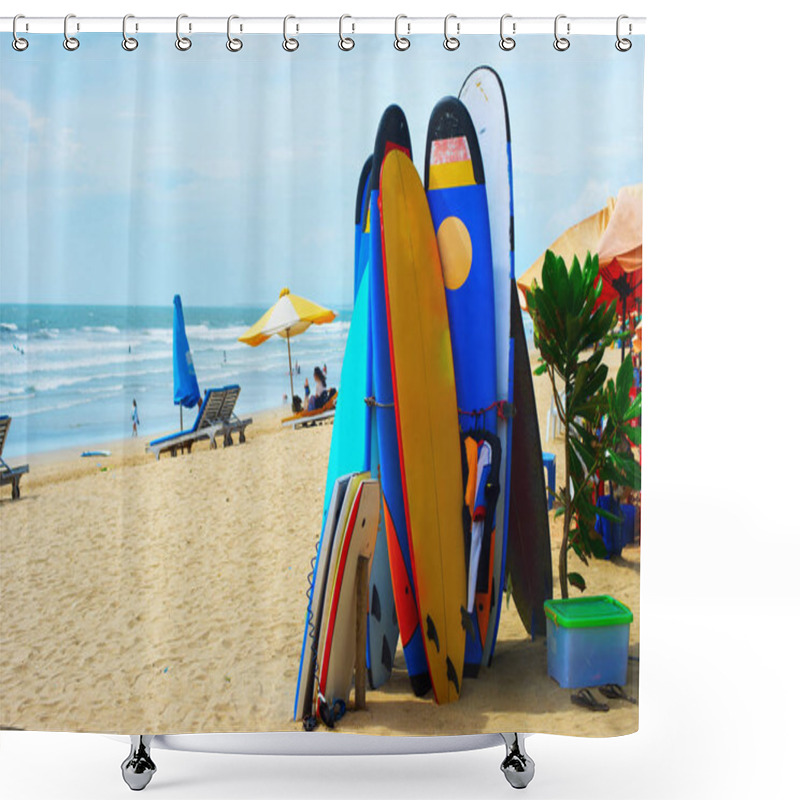 Personality  Surfboards And Funboards On Beach Shower Curtains