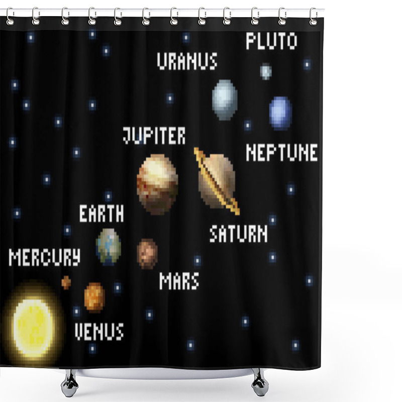 Personality  The Solar System In A Retro 8 Bit Arcade Video Game Pixel Art Style. Shower Curtains