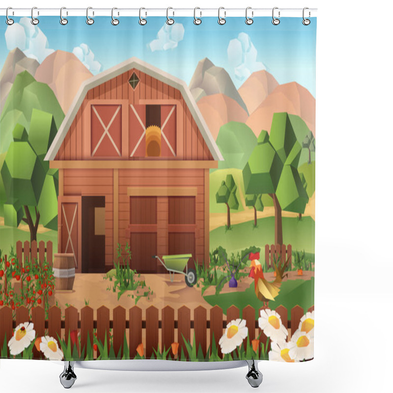 Personality  Farm Low Poly, Vector Background Shower Curtains