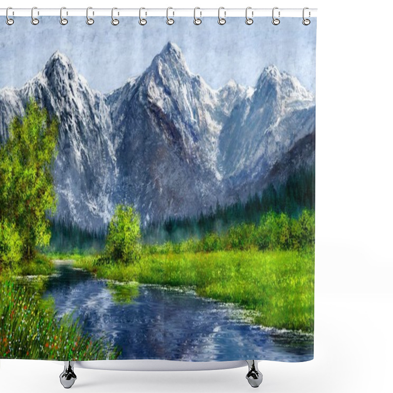 Personality  Oil Paintings Landscape With Lake And Mountains. Fine Art Shower Curtains