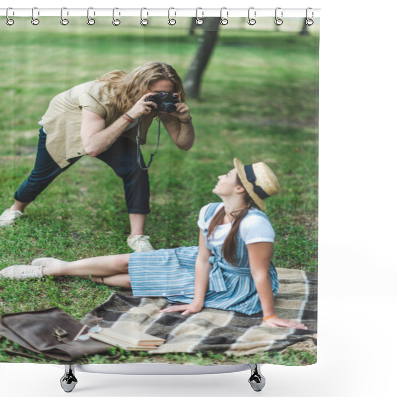 Personality  Man Taking Photo Of Woman Shower Curtains