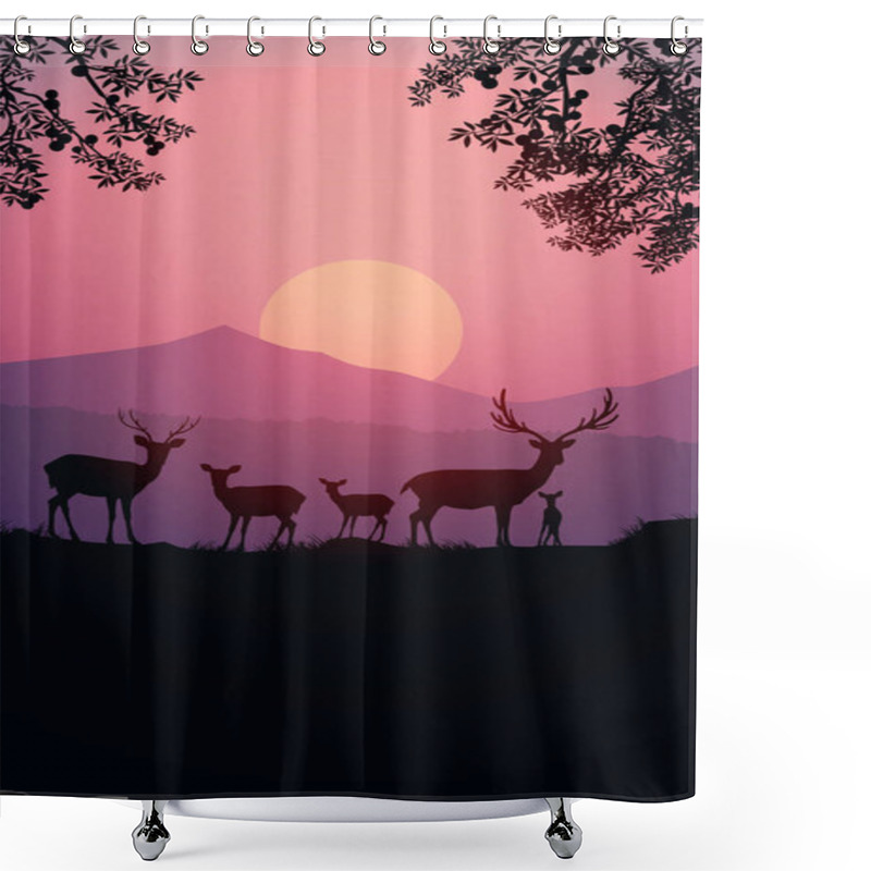 Personality  Herd Of Deer In The Natural Forest. Wild Animals. Mountains Horizon Hills Silhouettes Of Trees. Evening Sunrise And Sunset. Landscape Wallpaper. Illustration Vector Style. Colorful View Background.   Shower Curtains