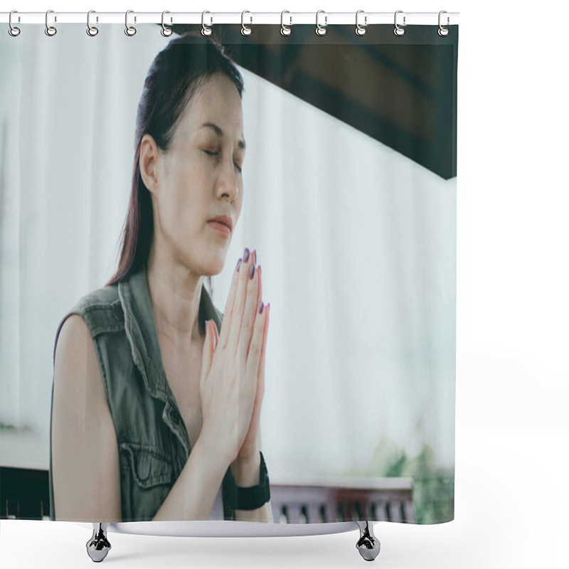 Personality  Asian Woman Praying Morning Outdoor, Hands Folded In Prayer Concept For Faith, Spirituality And Religion, Church Services Online Concept. Shower Curtains