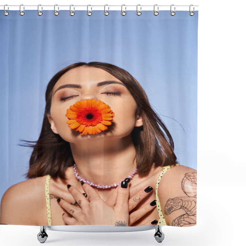 Personality  A Young Woman With Brunette Hair Elegantly Holds A Delicate Flower In Her Mouth In A Studio Setting. Shower Curtains