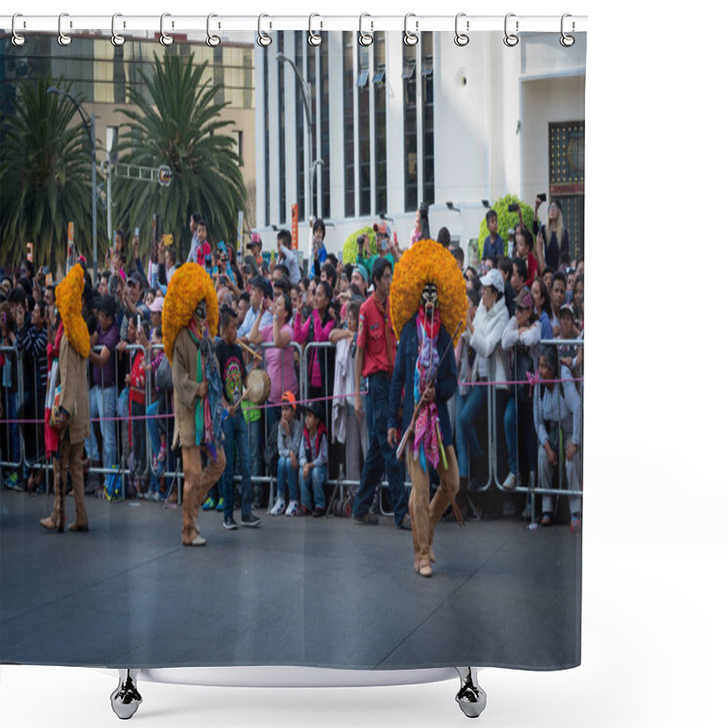 Personality  MEXICO CITY, MEXICO - OCTOBER 29, 2016: Musicians In Costumes Walking On Day Of Dead Parade In Zocalo Shower Curtains