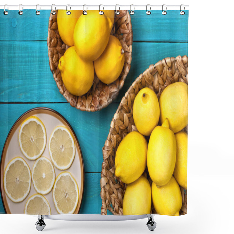 Personality  Lemons On The Bright Cyan Background Shower Curtains