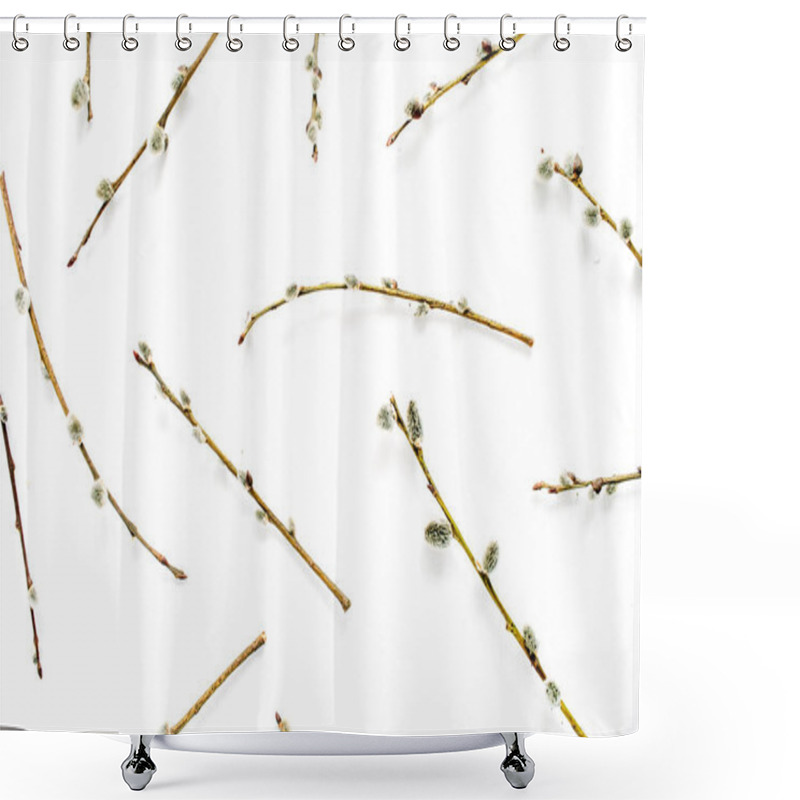 Personality  Willow Branches Pattern On White Background. Flat Lay, Top View. Shower Curtains