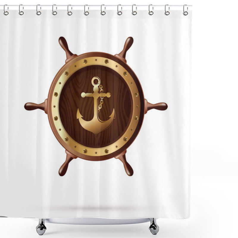 Personality  Anchor Image On A Wooden Steering Wheel. Wooden Ships Wheel. Vector Illustration Isolated On White Background Shower Curtains