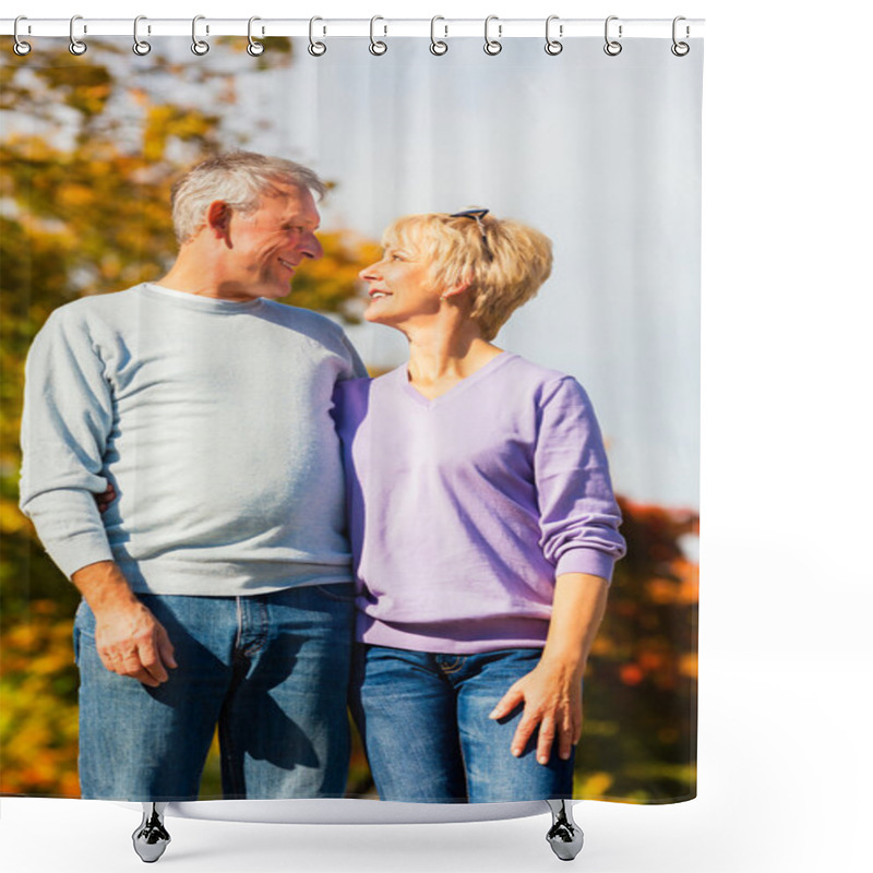 Personality  Seniors In Autumn Or Fall Walking Hand In Hand Shower Curtains