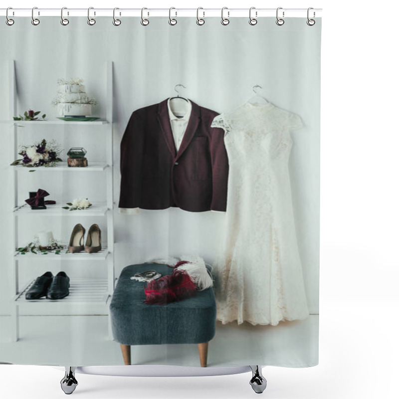 Personality  Close Up View Of Bridal And Grooms Clothing And Accessories For Rustic Wedding In Room Shower Curtains