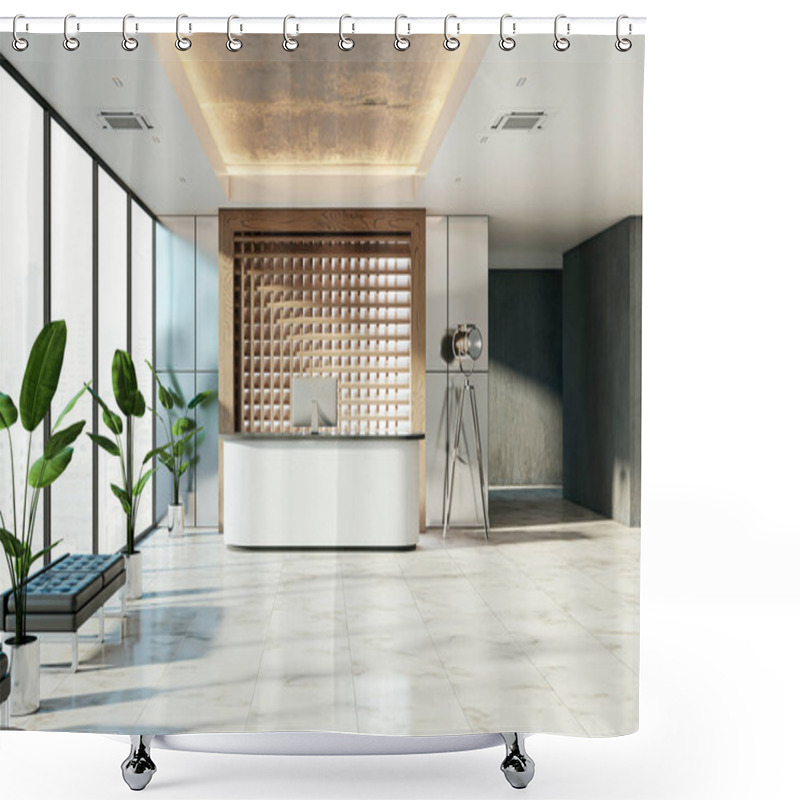 Personality  Modern Lobby Interior With Reception Desk, Marble Floor, And Large Windows, Concept Of Corporate Building. 3D Rendering Shower Curtains