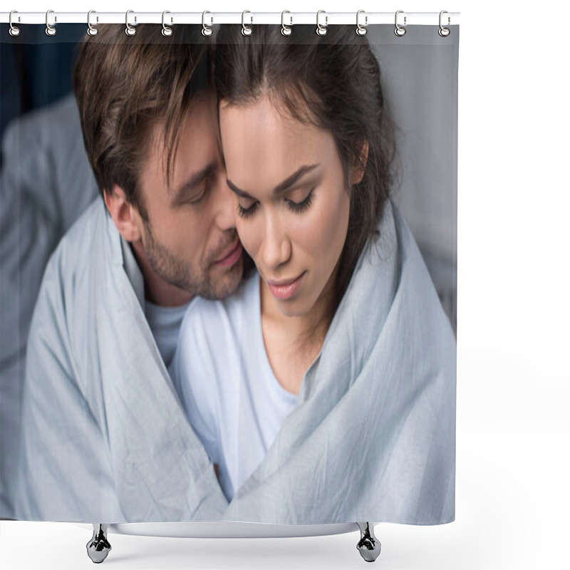 Personality  Young Man And Woman Tenderly Embracing Under Blanket Shower Curtains