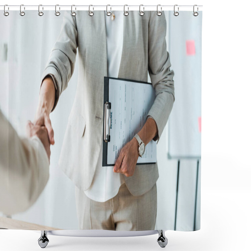 Personality  Cropped View Of Recruiter And Employee Shaking Hands In Office  Shower Curtains