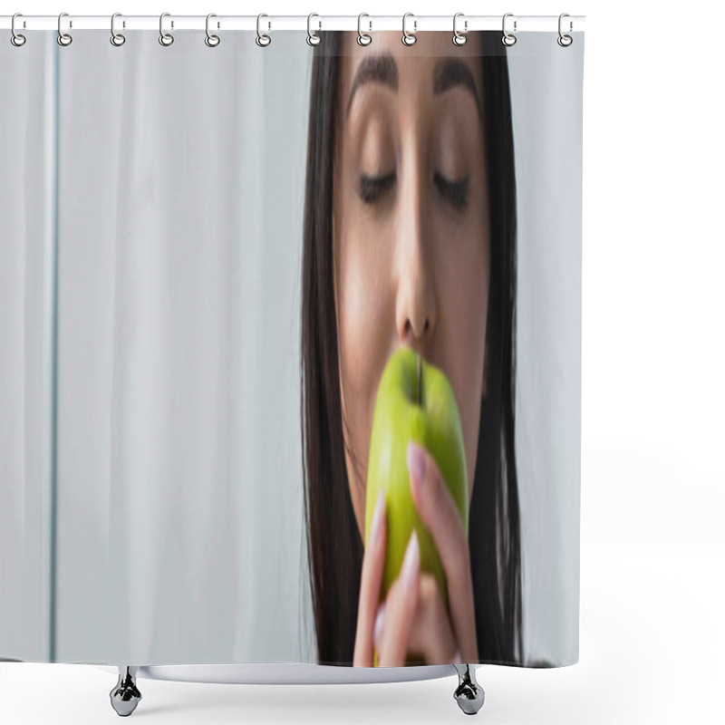 Personality  Brunette Woman Holding Fresh Apple In Hands, Banner Shower Curtains