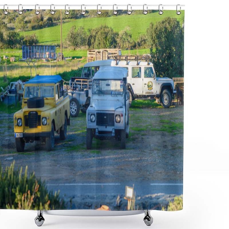 Personality  Gaziveren Cyprus -19.01.2025 Classic Vehicles Rest Serenely In A Peaceful Field, Surrounded By Lush Greenery During The Soft Evening Light. Shower Curtains