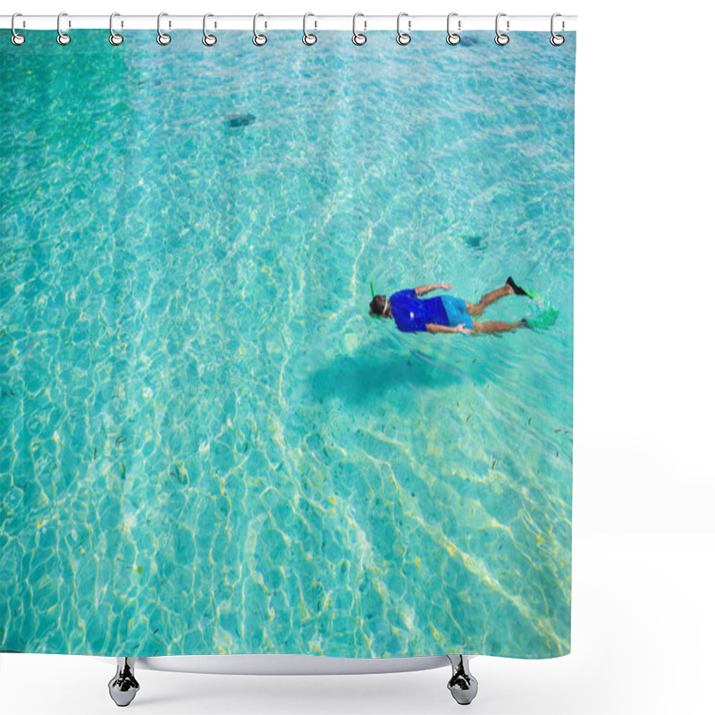 Personality  Young Man Snorkeling In Clear Tropical Turquoise Waters Shower Curtains