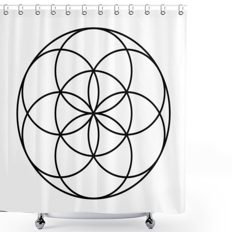 Personality  Seed Of Life With Protective Coat. Ancient Geometric Figure, Spiritual Symbol And Sacred Geometry. Overlapping Circles Forming A Flower Like Pattern, Preform Of The Flower Of Life. Black And White. Shower Curtains