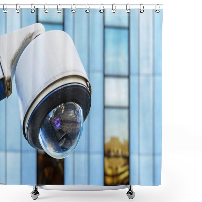 Personality  Cctv Security Camera In A City With Blury Business Building On Background Shower Curtains