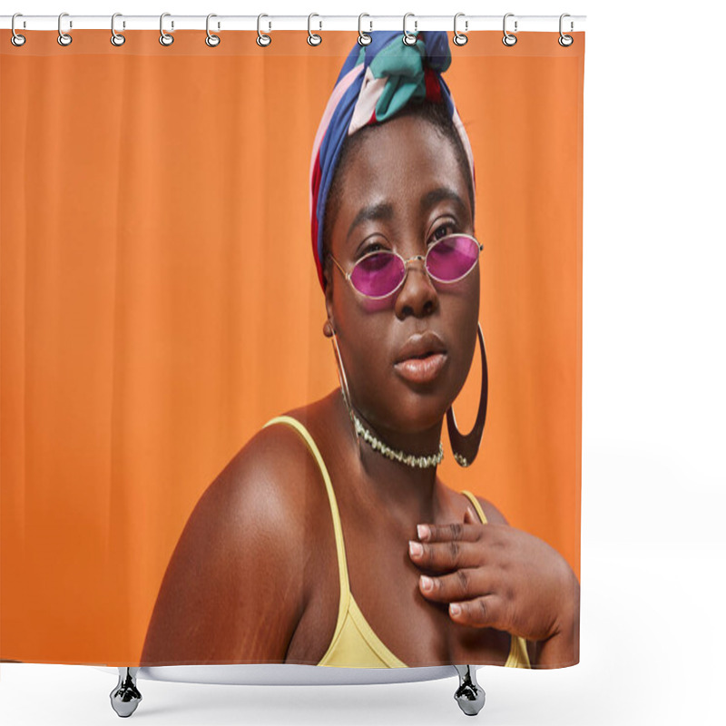 Personality  Fashion-forward And Plus Size African American Woman In Headscarf And Trendy Sunglasses On Orange Shower Curtains