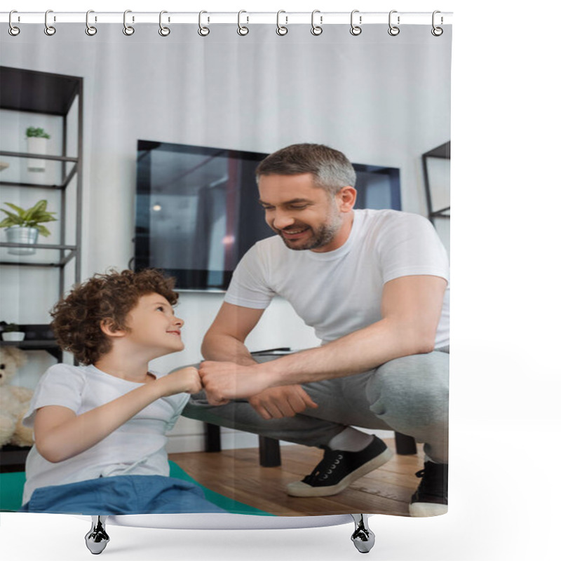 Personality  Happy Father Bumping Fists With Smiling Son At Home Shower Curtains