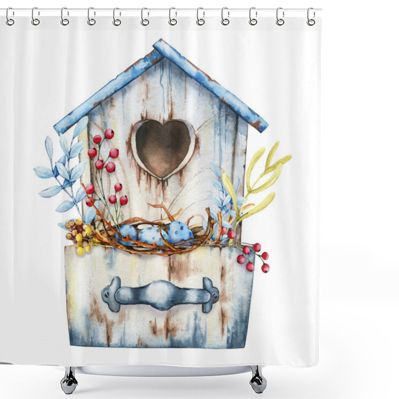 Personality  Empty Wooden Old Birdhouse With Box. Nest, Eggs And Flowers For Home Comfort. Hand Drawn Watercolor Illustration Isolated On White Background Close-up. Greeting Card Mothers Day, Birthday, Easter Shower Curtains