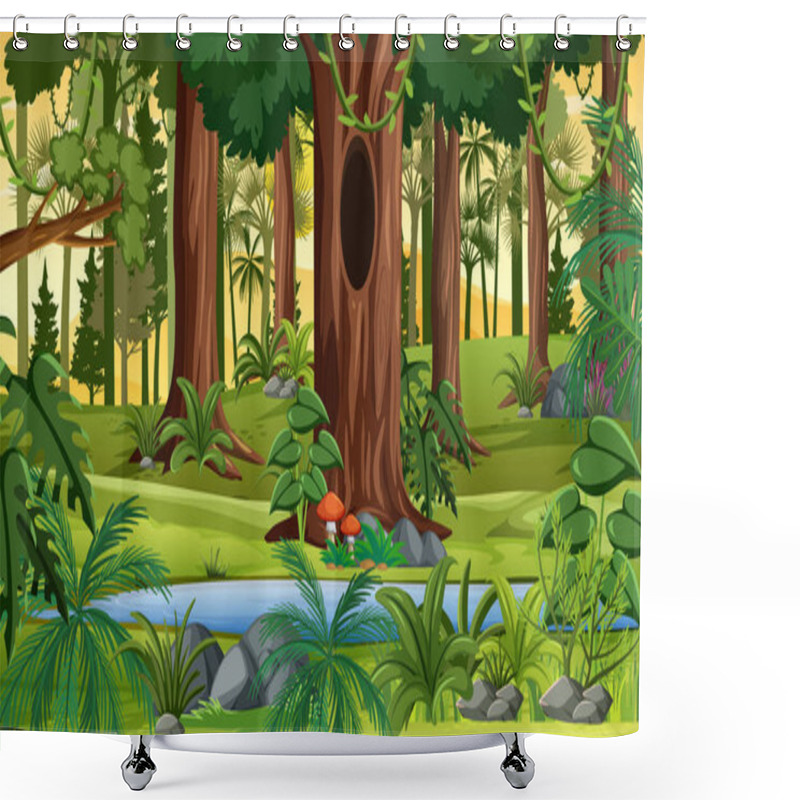 Personality  Forest Landscape Scene At Sunset Time With Many Different Trees Illustration Shower Curtains