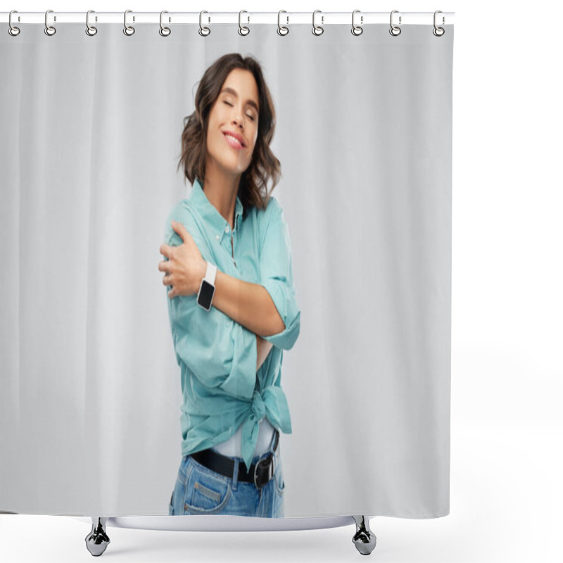 Personality  Smiling Woman With Smart Watch Hugging Herself Shower Curtains