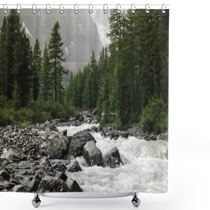 Personality  Tall Spruce, Coniferous Trees Grow Along The Coast Strewn With Stones. Snow-capped Mountains In The Background Of Stormy Water. Surved Riverbed Of A Cold Mountain River. Nature Of The Altai Mountains. Shower Curtains