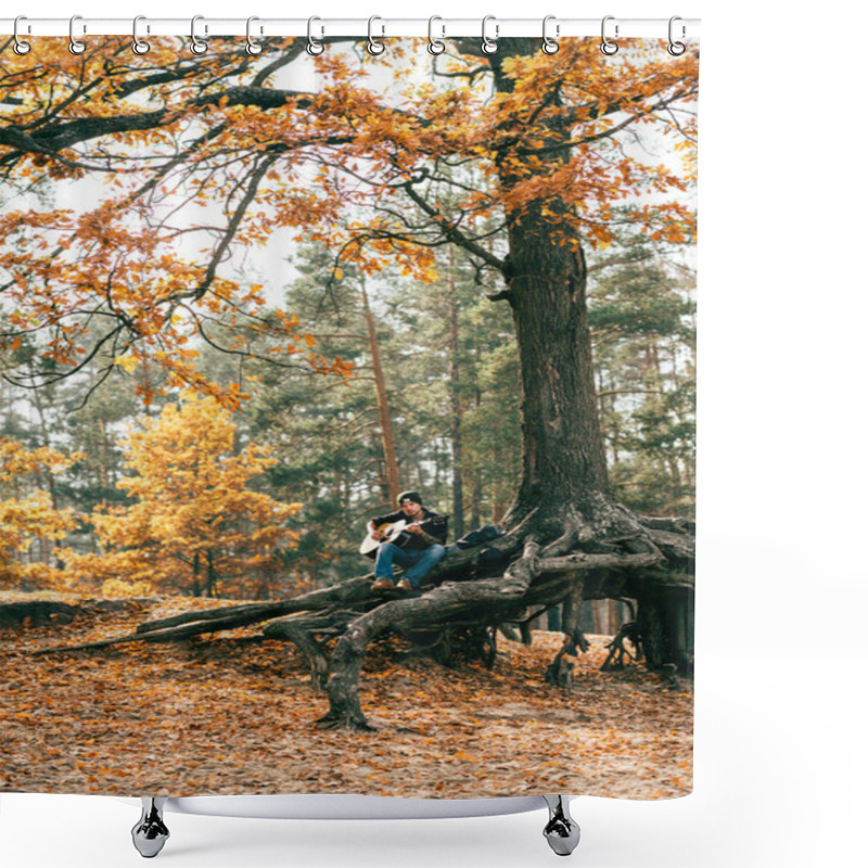 Personality  Adult Male Playing Acoustic Guitar Sitting On Tree In Park  Shower Curtains