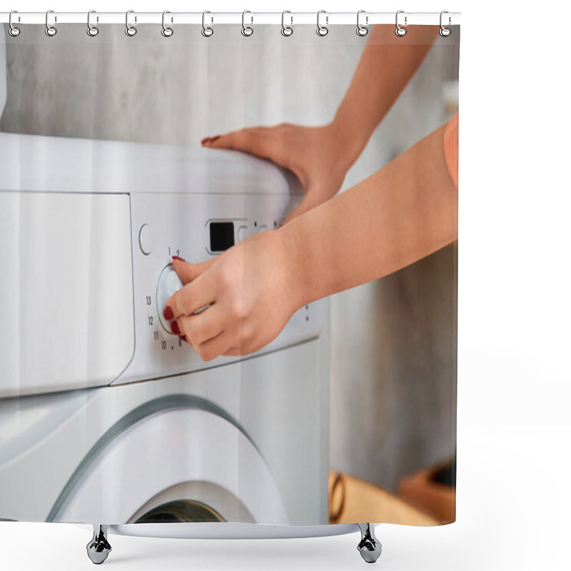 Personality  A Stylish Woman In Casual Attire Carefully Attaches A Button Onto A Washing Machine. Shower Curtains